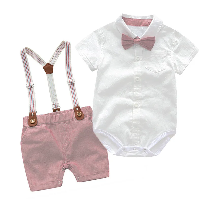 New Arrived British Style Cotton Children Clothes Summer Baby Boy Clothes Short Sleeve Romper Shirt Suspender Shorts Suit Sets