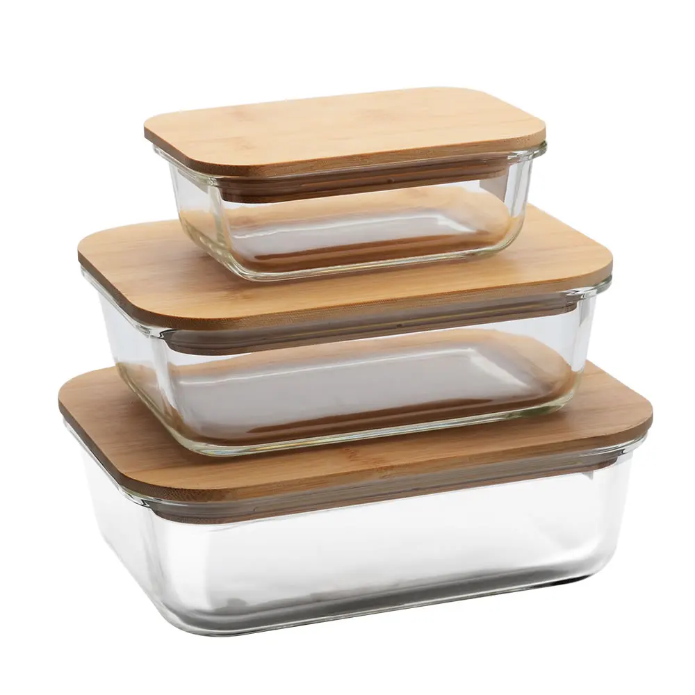Пищевые Контейнеры, круглые, прямоугольные, квадратные, стеклянные контейнеры с бамбуковыми крышками