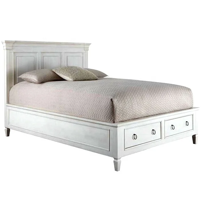 Mediterranean bed room furniture designs wooden Storage double bed models with drawers