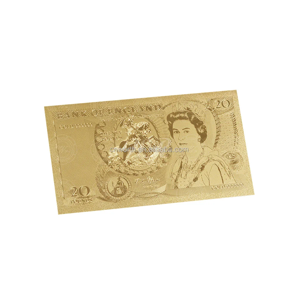 Wr New Design Gold Foil UK Elizabeth II Banknote Double Printed 20 Pounds Paper Money for Souvenir Gifts