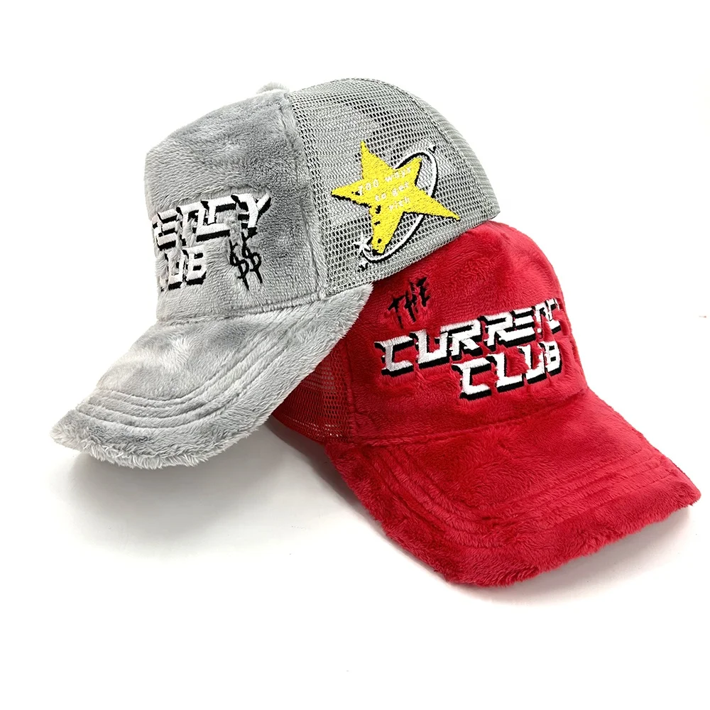 Wholesale High Quality Embroidered logo Mesh Trucker Hat Fluffy Fuzzy Velvet Trucker Hats