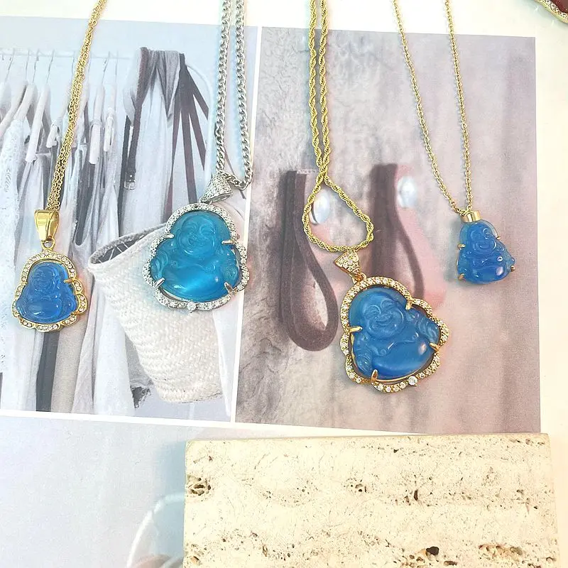 2024 Carved Religion Stainless Steel chain Blue Agate Stone Buddha Pendant Necklace Iced Out Crystal stone necklaces women