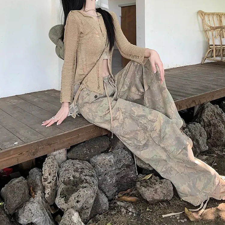 Custom OEM Manufacturer Vintage Pockets High Waist Streetwear baggy Casual ladies Long parachute Cargo Pant for women Trousers