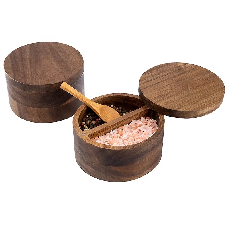 Acacia Wood 12oz Salt Cellar Bowl & Box Wooden Container with Swivel Magnetic Lid to Storage Pepper Spice Bath Salt Sea Salt