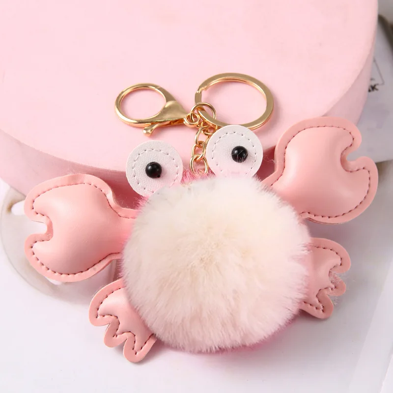 Wholesale Plush Animal Pom Pom ball Crab Keychain Fur Ball Furry Puff Ball Keychain