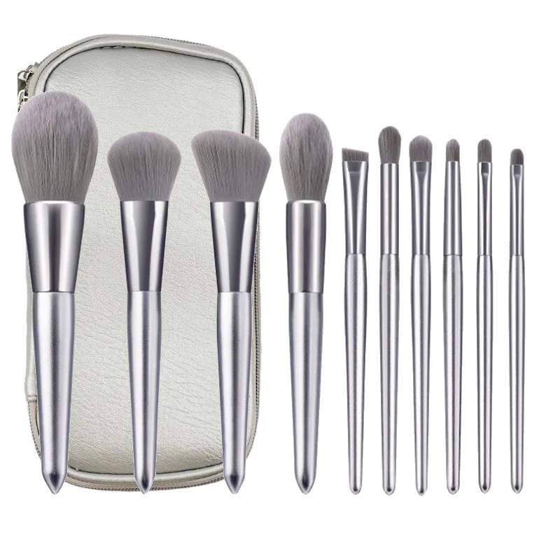 10 pcs high quality silver wood handle makeup brushes synthetic bristle private label makeup brush set kit  with pouch