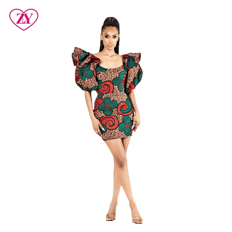 African Women Clothing Mini Styles Designs Large Puffy Sleeves African Print Casual Dress