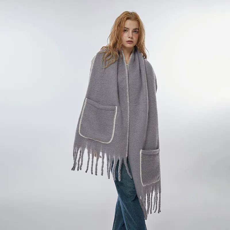 2024 European American Soft Thick Winter Scarves with Pockets Shawl Wrap Pashmina Cashmere Scarf Women