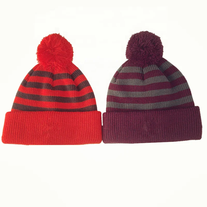 Soft ribbed cuff stripe fleece lined jacquard knit hat winter warm toque woven label beanie with fleece lining