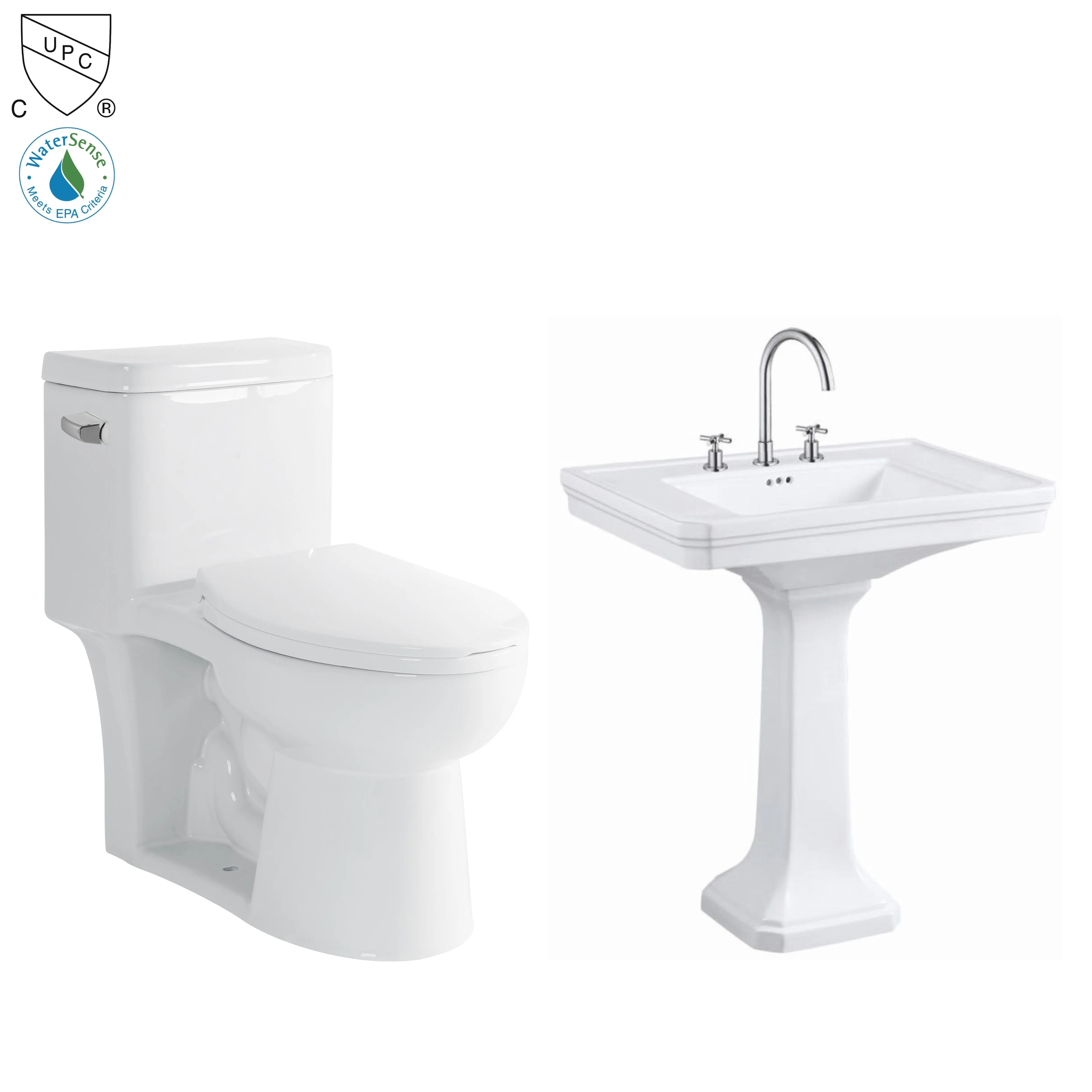 Low Price USA Standard Cupc Sanitary Ware Product Floor Mounted Inodoro Bathroom One Piece Toilet with Pedestal Basin Toilet Set