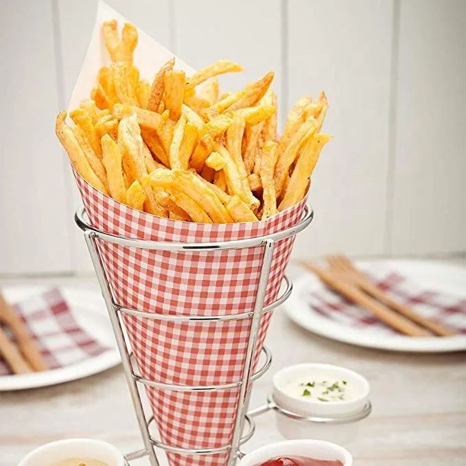 Fry and appetizer cone display with triple sauce cup holders Perfect for party and catering event - stainless Steel metal stand