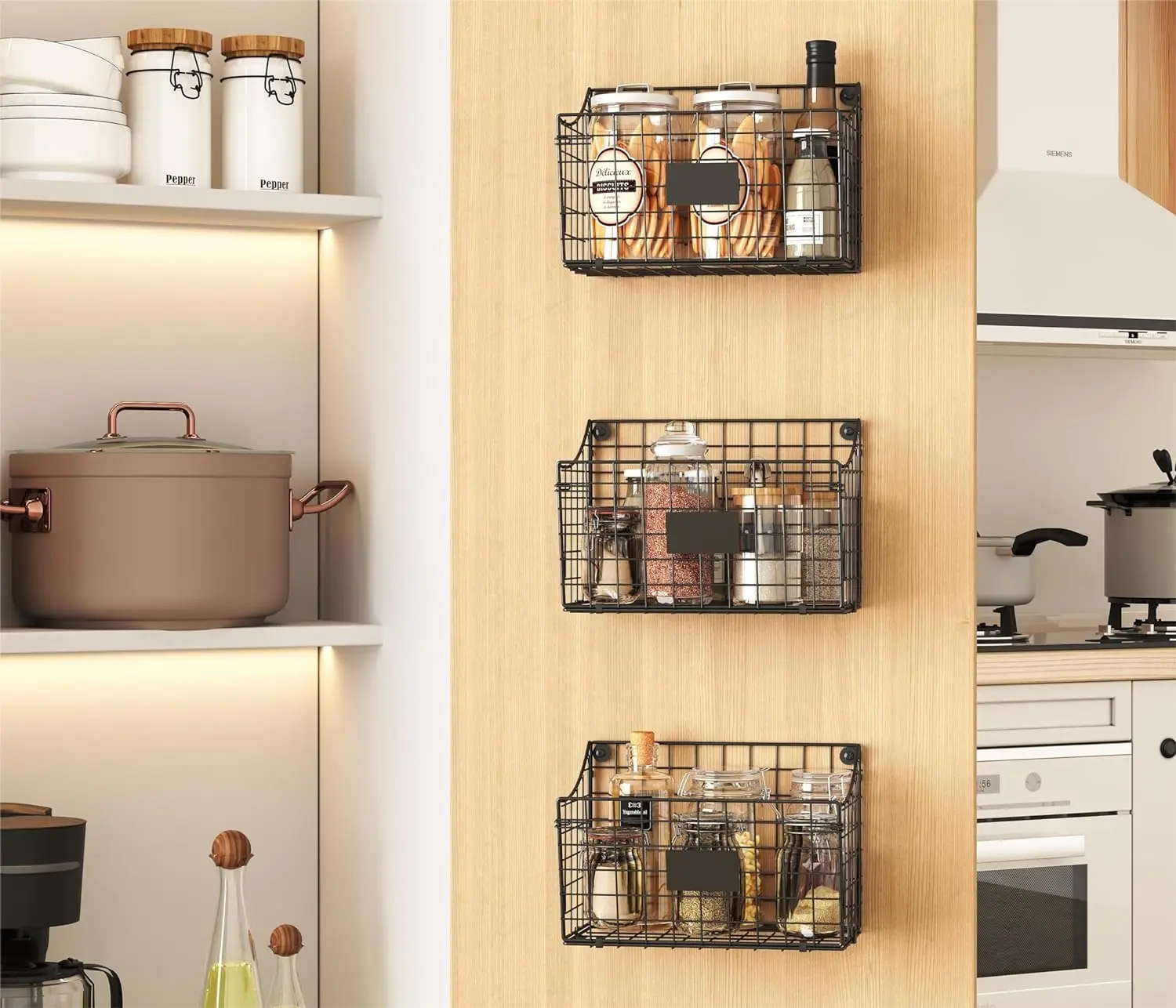 Wall Mounted Basket Cabinet Hanging Metal Wire Basket Rustic Farmhouse Decor Storage Organization Shelf