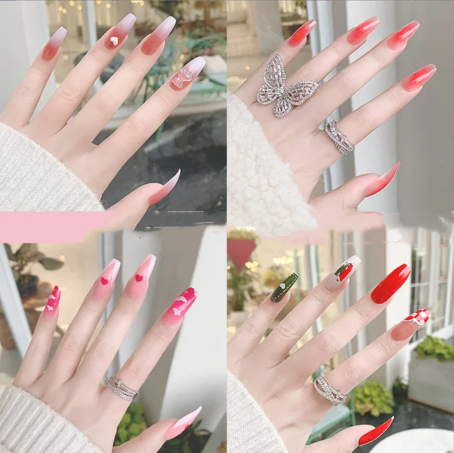 Wholesale 20 Design Nail Chain Blush Checkerboard Camellia Design Wearable Press On Nail Tips Kit