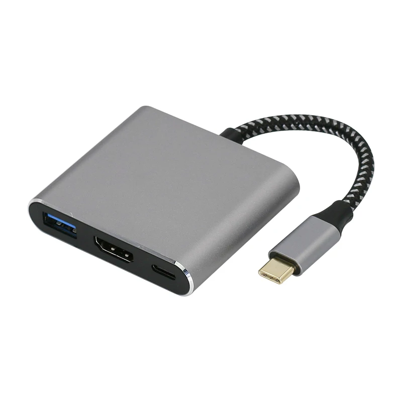 Source manufacturers can customize multifunctional gray aluminum shell Type-c to HDMI USB3.0 PD powered nylon rope hub