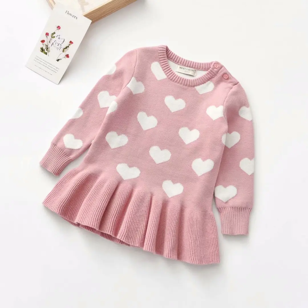 Rarewe 2024 Valentines Red Pink Love Heart Pattern Toddler Baby Girl Sweater Wool Knit Kids Sweater Pleated Dress