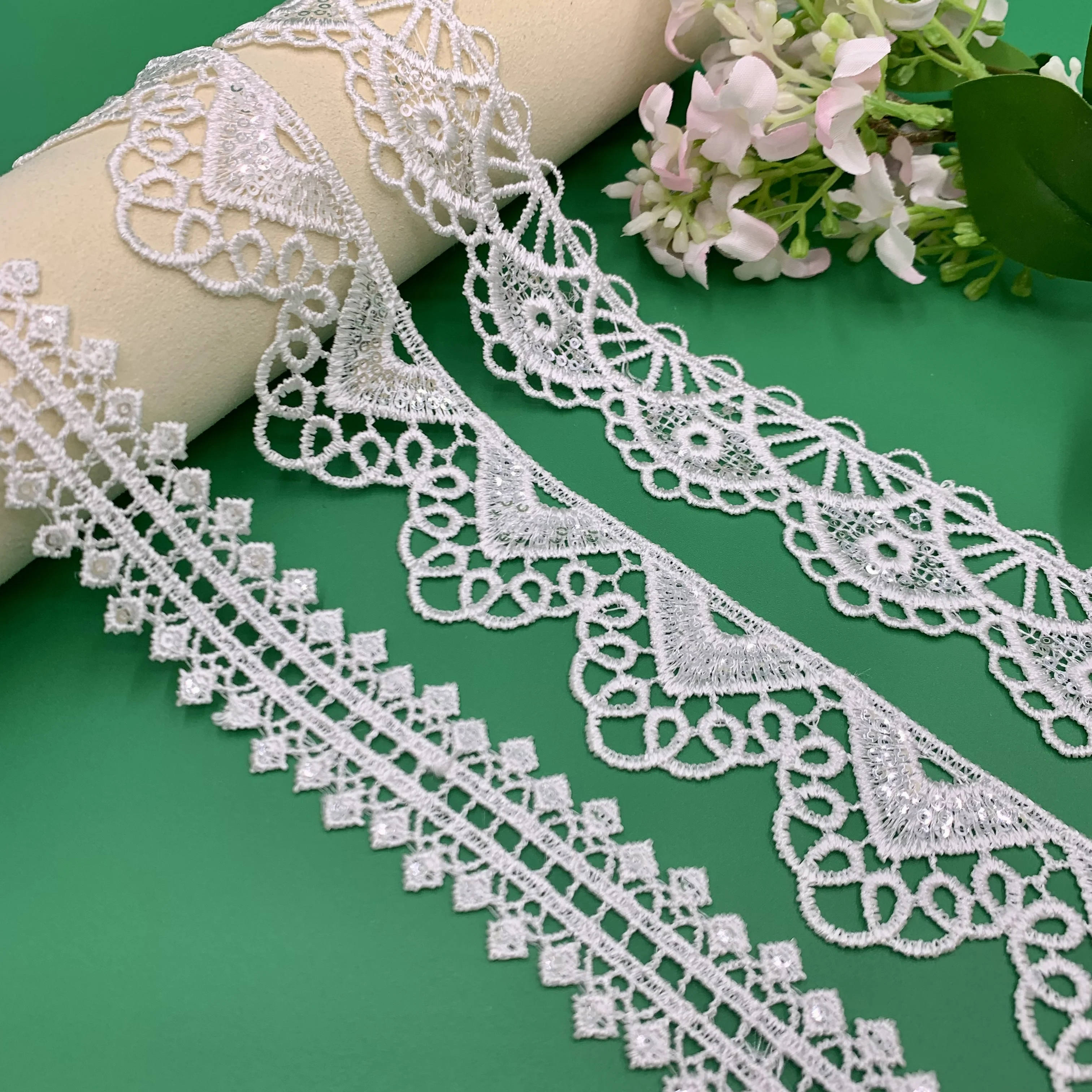 White Embroidery Bridal Wedding Roll Polyester shiny gpo lace  Ribbon sequinLace Trimming