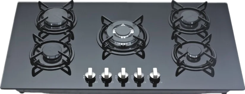 tempered glass panel gas stove 5 burner gas hob with cast iron supporter