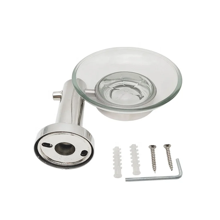 HF Customized Bathroom Accessories Luxury Wall Mounted Glass Soap Dish Soap Dish Holder with Stainless Steel Holder