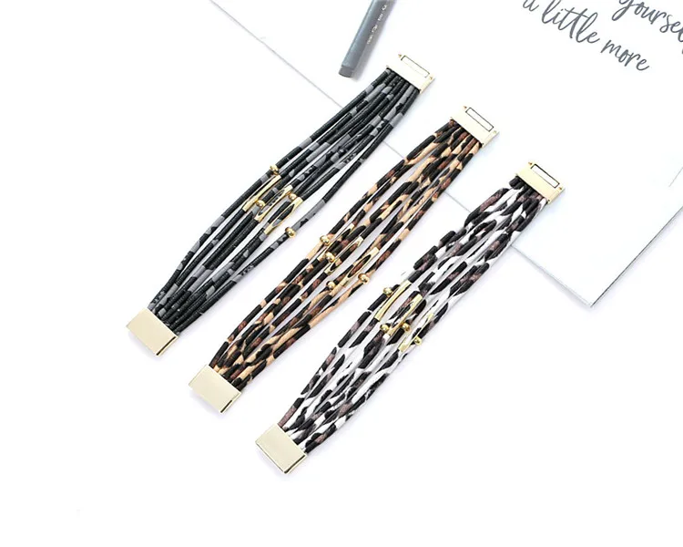 Leopard Bracelets for Women Metal Pipe Charm Multilayer Wide Leather Wrap Bracelet