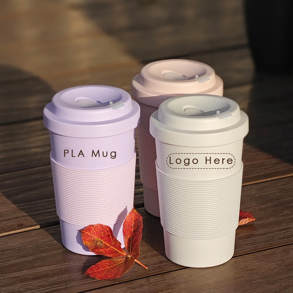 Hot sale 15OZ Travel Mug biodegradable screw on lid & anti-scald Sleeve reusable coffee mugs cup with sip&straw lid drink hole