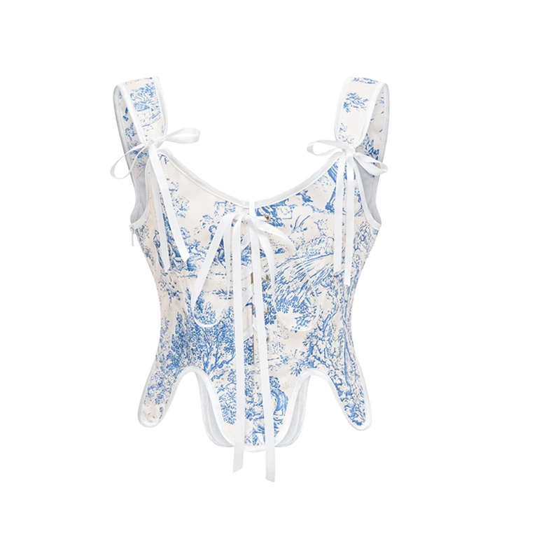 Vintage Floral Halter Corset Cropped Top Women Medieval Renaissance Bustier Elegant Side Zipper Lace-up Corset Vest