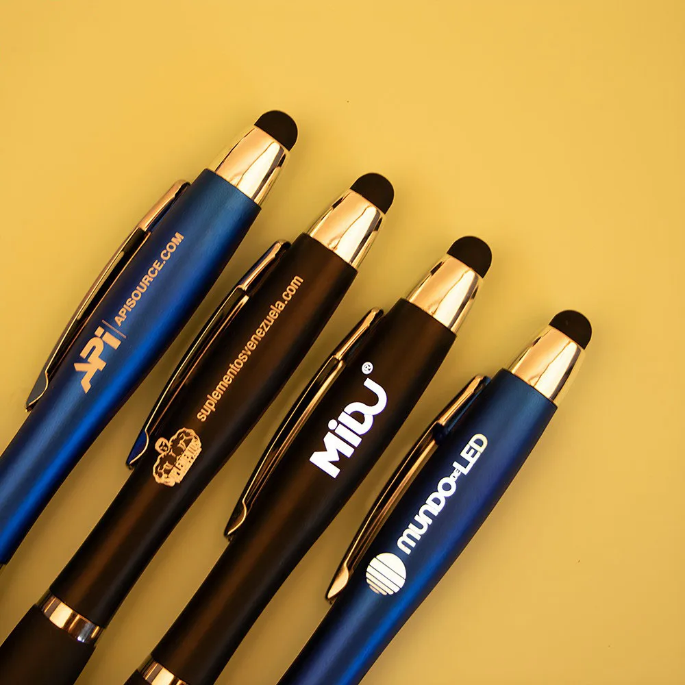 RICHSHINING Creative LED Light Laser Custom Logo Advertising Plastic Rotating Ballpoint Led pen Touch Stylus Stationery Gifts