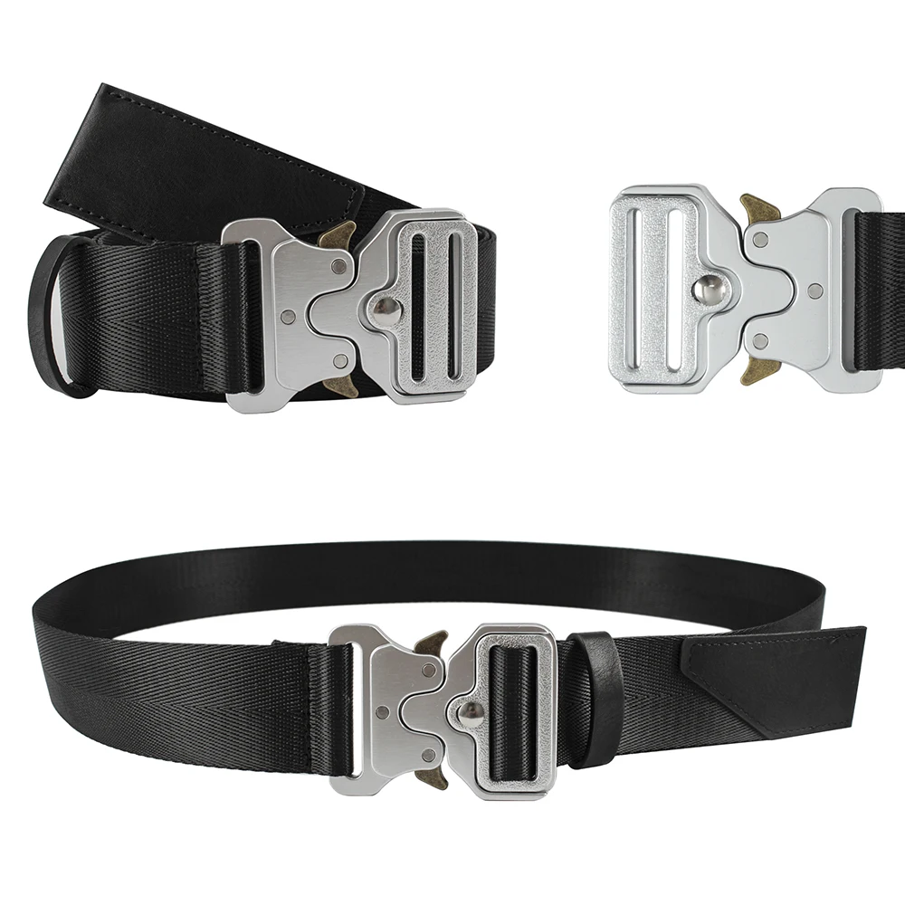Black nylon braided belt with safety socket and zinc alloy cobra buckle, universal belt for both men and women