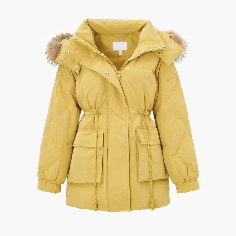 Canvas Winter Oxford Waterproof Warm Big Hoodie Detachable Fake Eco-friend Fur Waist Coat Puffer Jacket with Pockets For Women