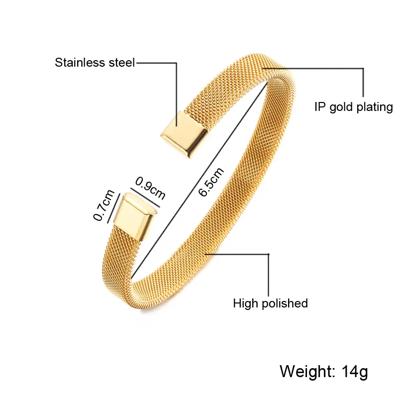Open Gold Black Plated Wrist Hand Jewelry Hot Selling Wholesale Handmade Bracelet 316L Steel Mesh Bangle