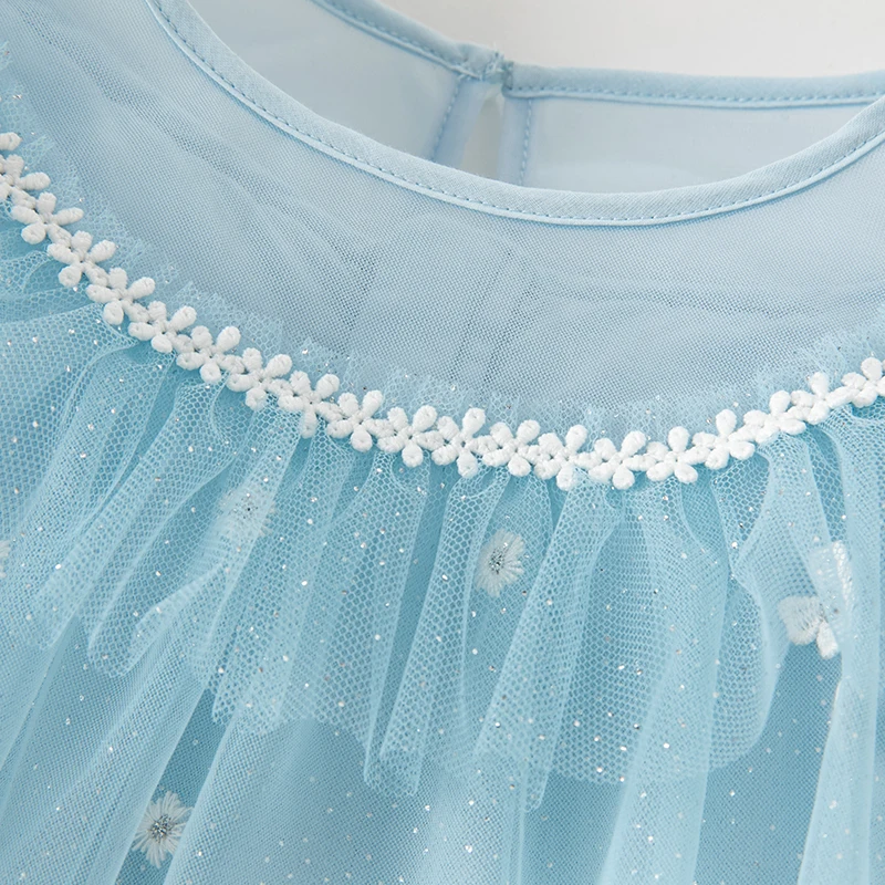 DB2235480 DAVE BELLA Summer Children Girls Fashion Water Droplet Buckle Light Blue Mesh Small Flower Decoration Princess Dress