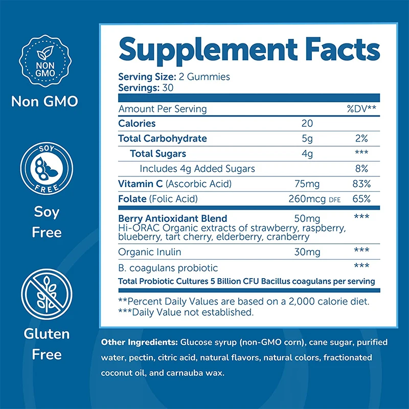 Private Label Vegan Digestive Support and Gut Health Vitamin C Supplement Organic Probiotic Gummies With Folic Acid