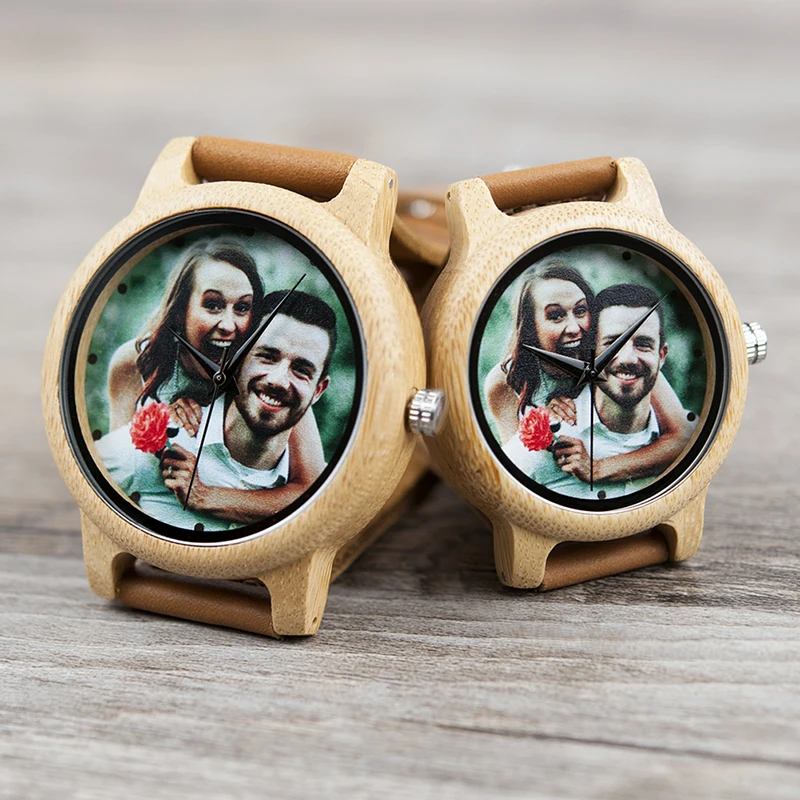 Customize photo printing couple lover bamboo wood watches with leather strap men women for valentine day gifts