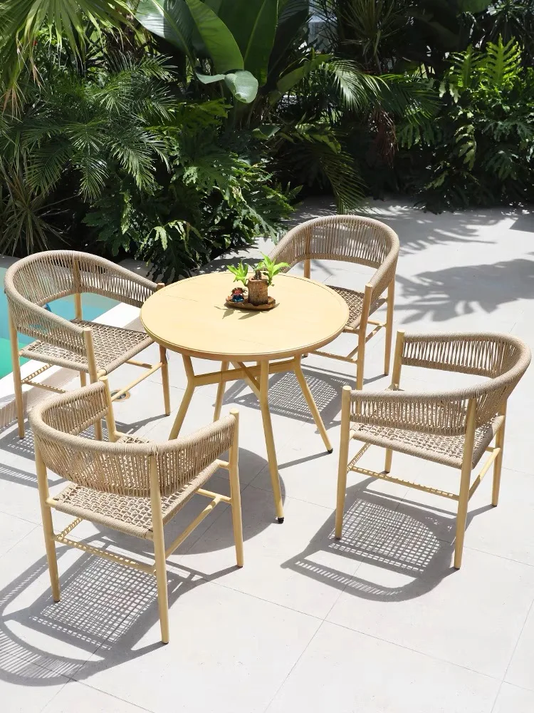 rattan synthetic outdoor restaurant garden rattan wood bistro table and chairs and umbrella