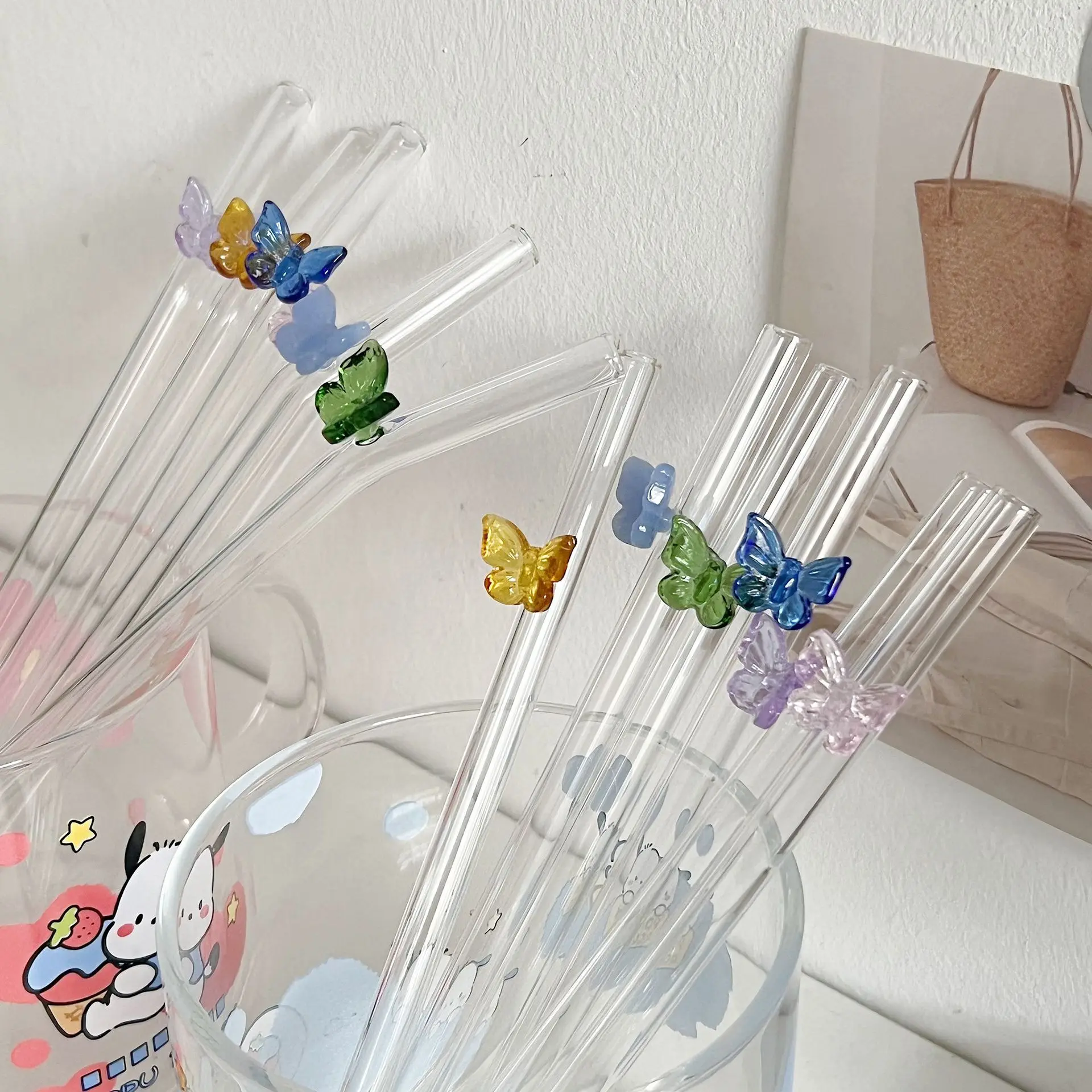 Reusable Borosilicate Butterfly Glass Straw Clear Colored Bent Cocktail Straw Drinking Straw