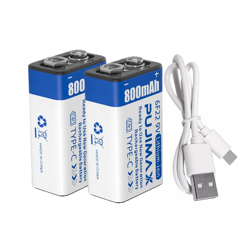 PUJIMAX 1 шт. 9 В перезаряжаемая батарея usb c 6f22 9 В литиево-ионный аккумулятор для электрогитары 9 В зарядное устройство с кабелем