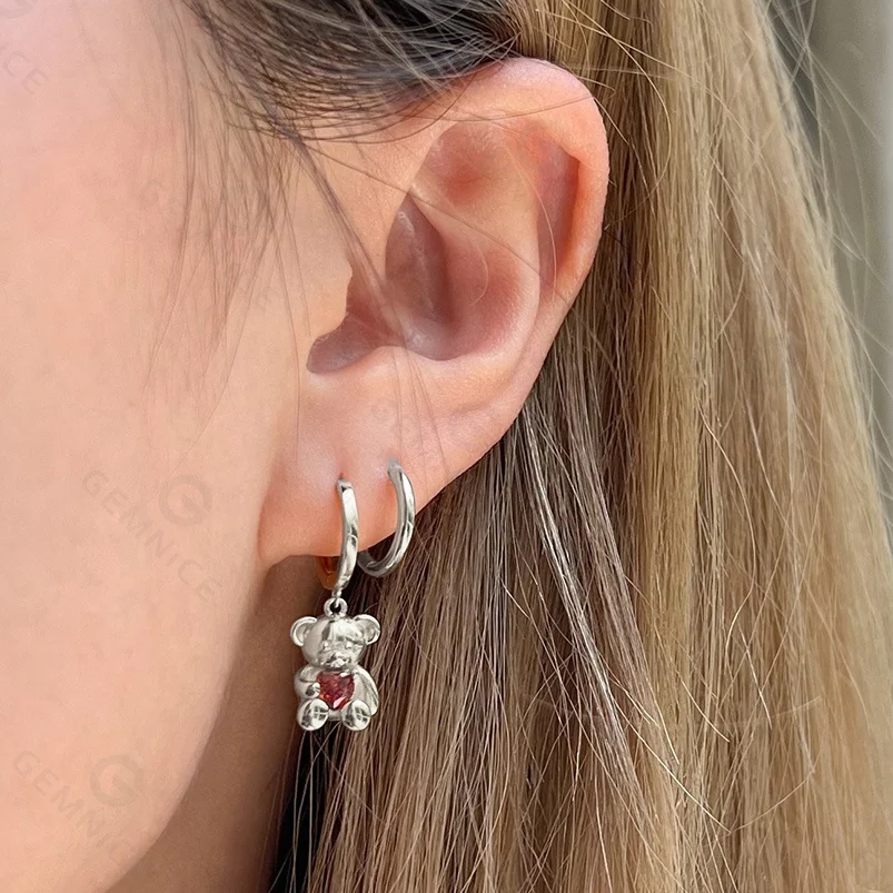 Gemnel 925 silver cute hypoallergenic bear pendant jewelry charm girls huggies red heart earrings