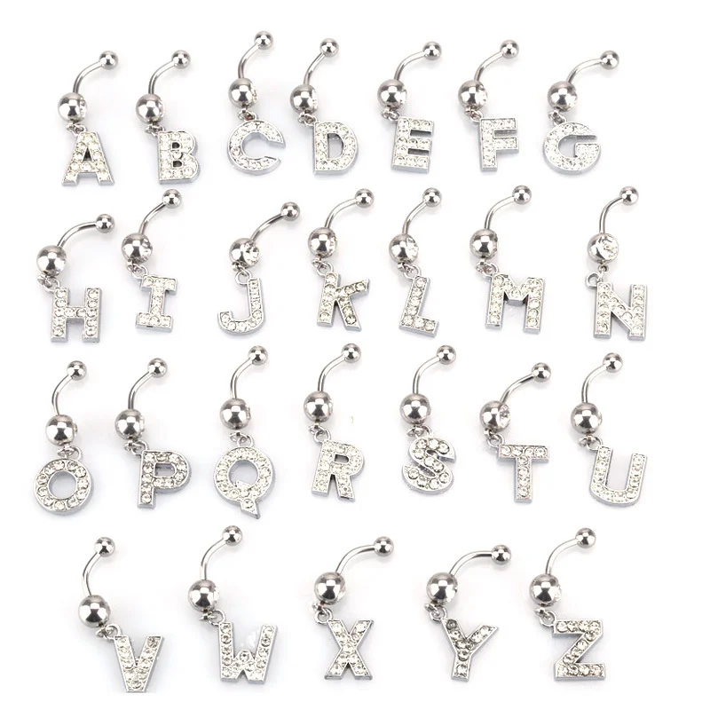 Stainless Steel Sexy Body Piercing Jewelry Ombligo Belly Button Rings Shiny Rhinestones A-Z 26 Letters Navel Piercing Ring