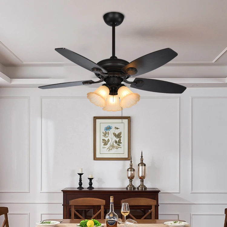 Retro style E27 pull cord fan light American living room bedroom decoration old style remote control ceiling fan with light