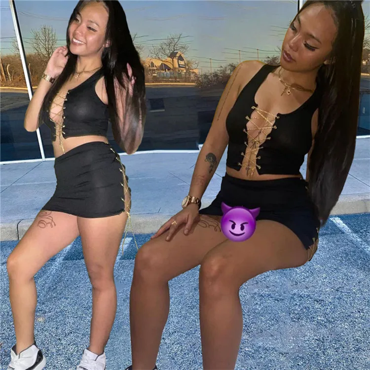 Summer 2021 New Women Fashion Sexy Bandage Chain Crop Top And Mini Skirts Two Piece Set Outfits