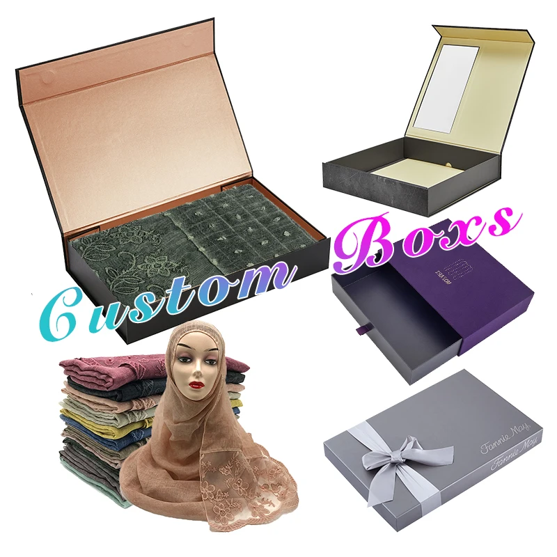 Eid abaya scarves shawls muslim hijab set dubai packaging matte black magnetic folding box with hot foiling boite demballage