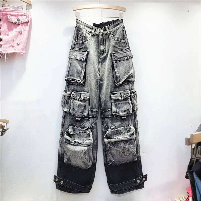 Bomblook C1016PT01 Winter Tie Dye Denim Wide Leg Jeans Cargo Jeans Women High Quality Denim Pants With Pockets Women