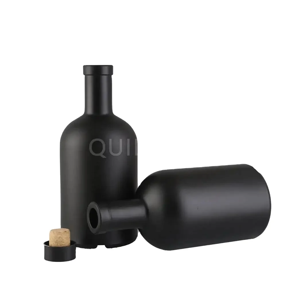 Matte Black 200ml 375ml 500ml 750ml Round Flint Glass Liquor Wine Bottle Gin Whisky Vodka Tequila Glass Bottle With Cork Lid