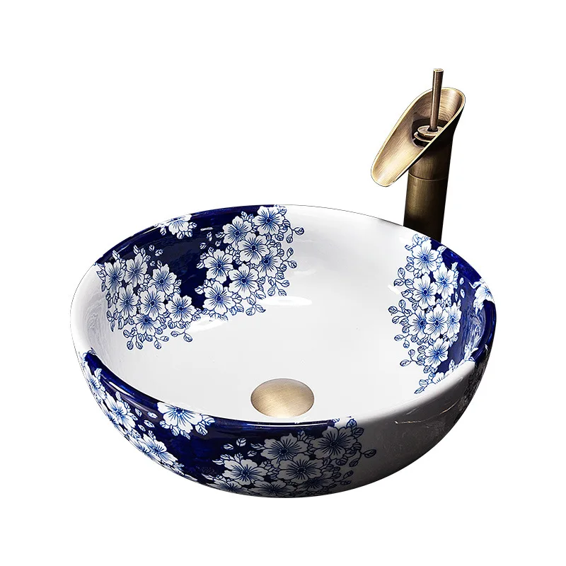 Blue and white Jingdezhen sakura ceramic sink wash basin Ceramic Counter Top Wash Basin Bathroom Sinks