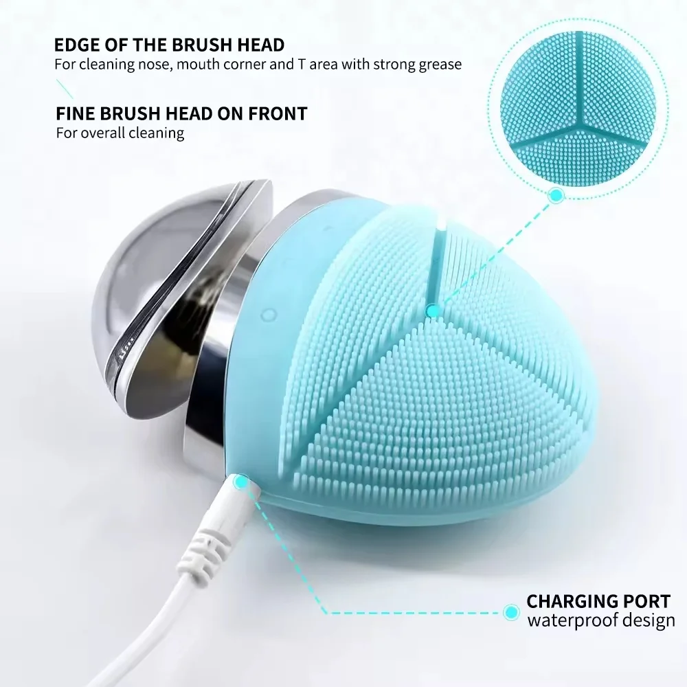 new arrival  2024 EMS Heating  Facial Cleansing  Brush Beauty Device Sonic Silicone Facial Pore Cleaner with base