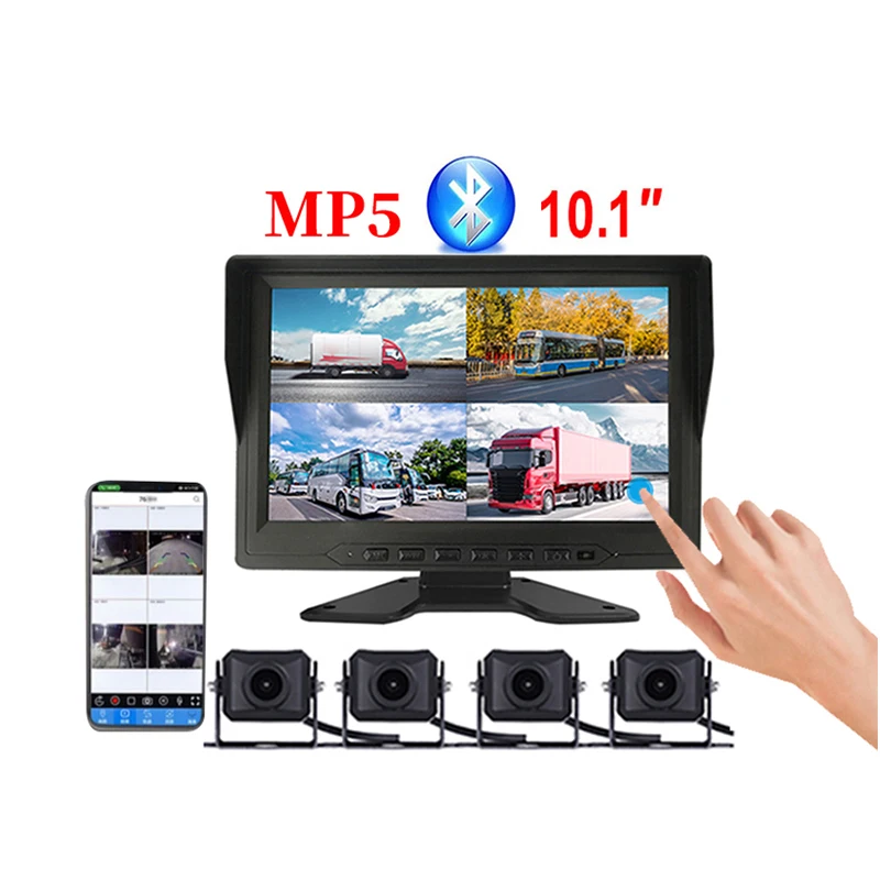 10.1 Inch 4 Channels Split Screen Car MP5 DVR Recorder Monitor With AHD Front Rear Backup Camera For Truck/Bus/Trailer/RVs