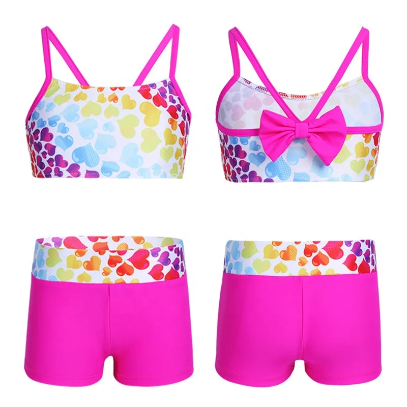 
New Children Girls Polka Dot Strappy Top Bra and Shorts Set for Swimwear Gymnastics Leotard Dancing Exercise Workout Outfits 