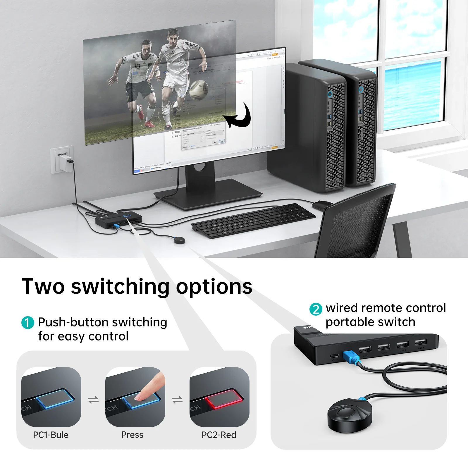4K 30Hz HDMI KVM Switch 2 port + 2 Cables, MT-VIKI 2 Computer 1 Monitor 2 Port KVM Switch HDMI 2 in 1 out with Desktop Control