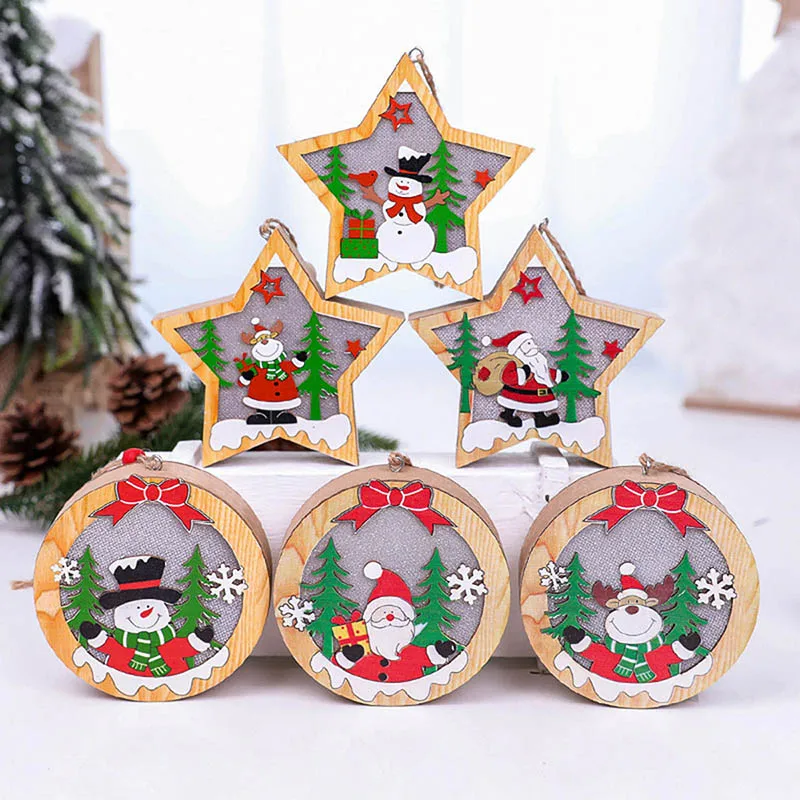 Vlovelife 1pcs Christmas Tree Hanging Pendant Wooden Glowing Ornaments With Light For Home Party Xmas Tree Decoration Supplies