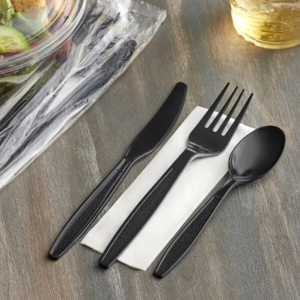 Heavy Weight Black Wrapped Disposable Plastic Cutlery Set With Napkin