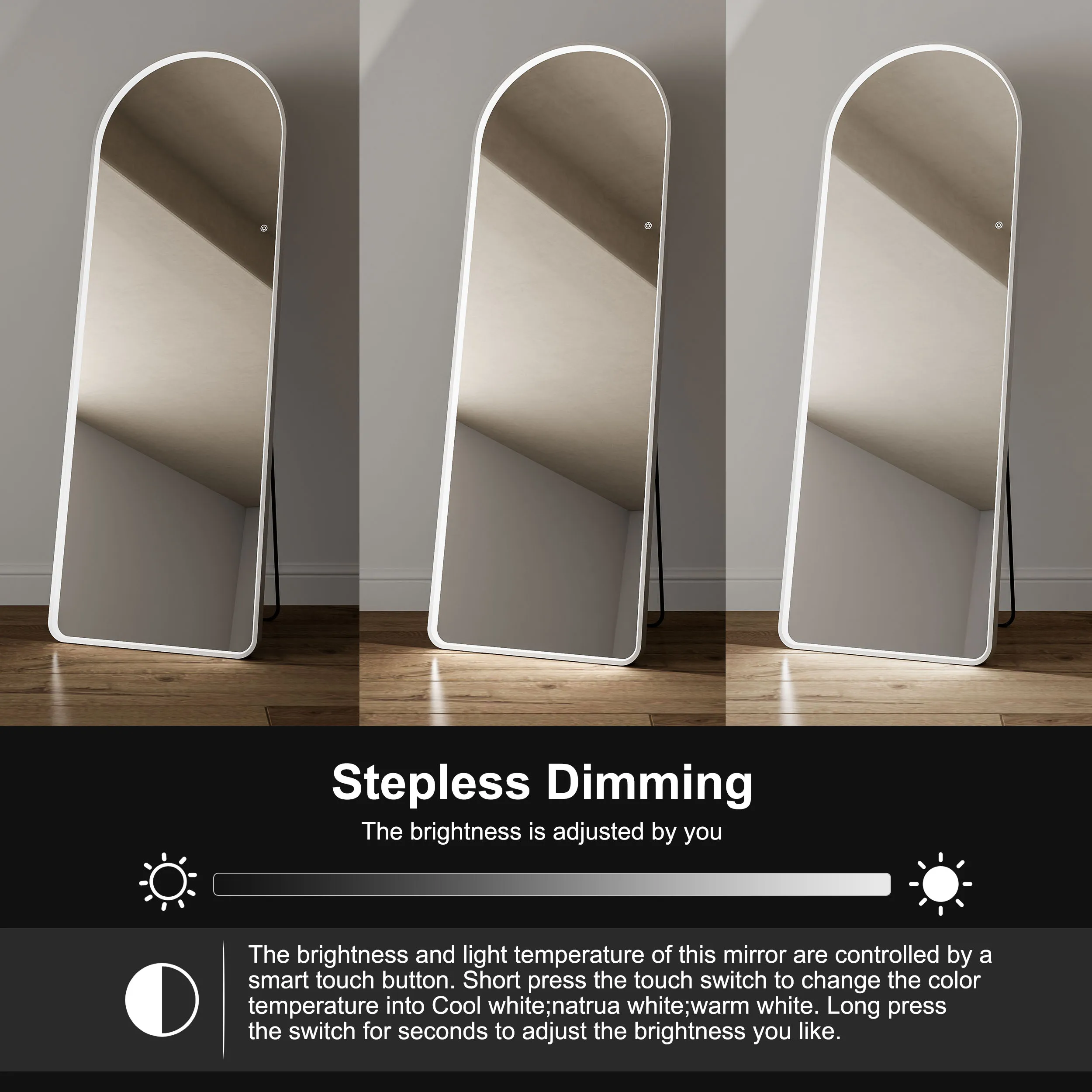 Brightness Adjustment Smart Touch Screen Free Standing Lighted Arched Body Dressing Full Length Floor Mirror With Led Light